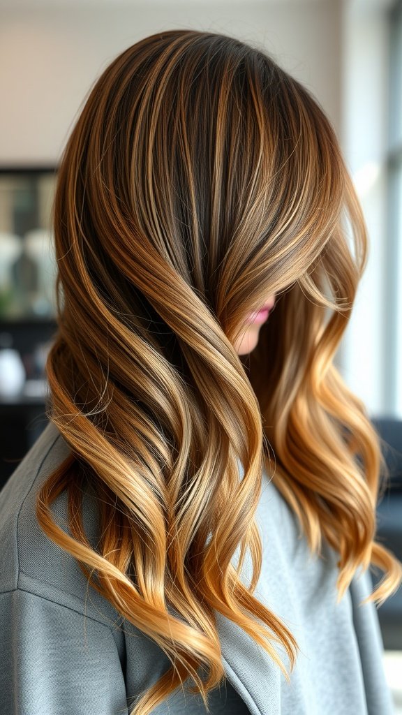 A woman with dimensional bronde hair styled in soft waves, showcasing a blend of blonde and brown tones.