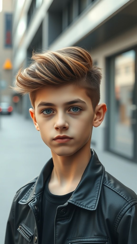 A teenage boy with a disconnected pompadour hairstyle, wearing a leather jacket, standing on a city street.