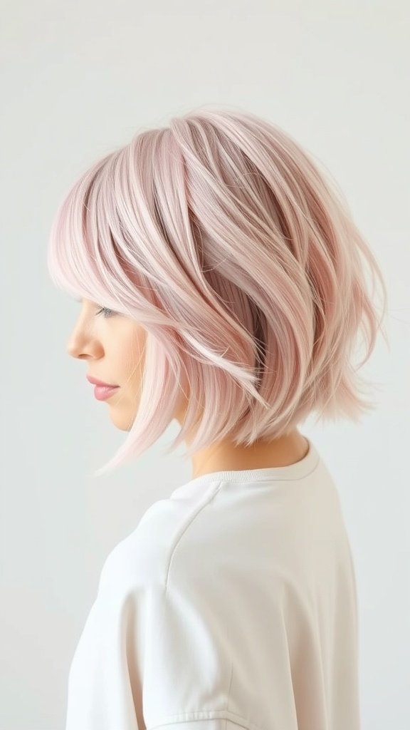 A woman with a soft pastel pink feathered bob hairstyle, showcasing volume and flow.