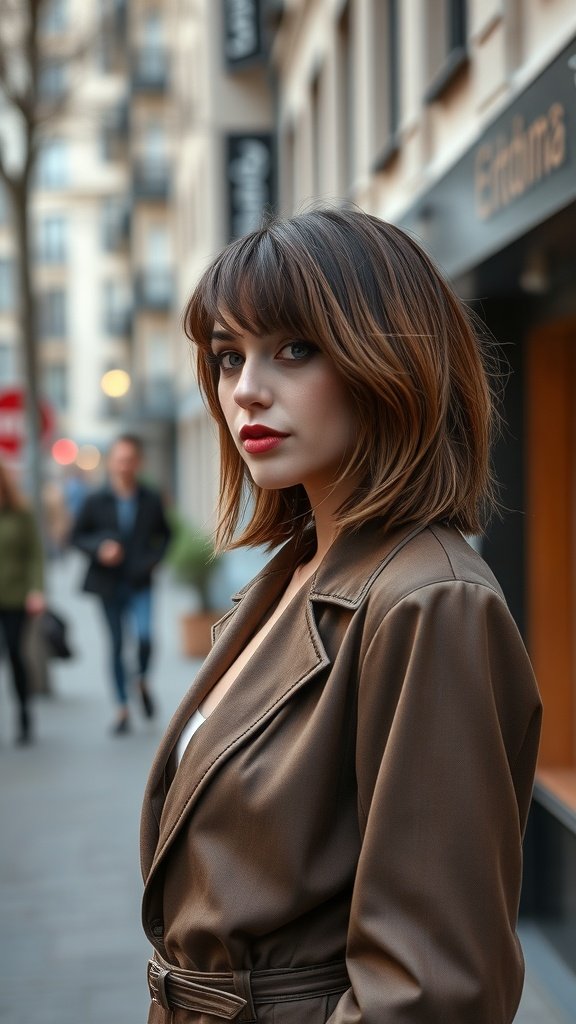 A woman with feathered mid-length hair and baby bangs, standing in a city street.