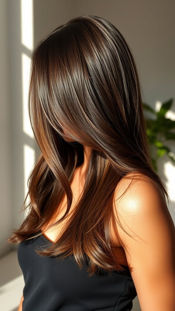 A woman with glossy coffee brown hair styled with blunt ends, showcasing a sleek and modern look.