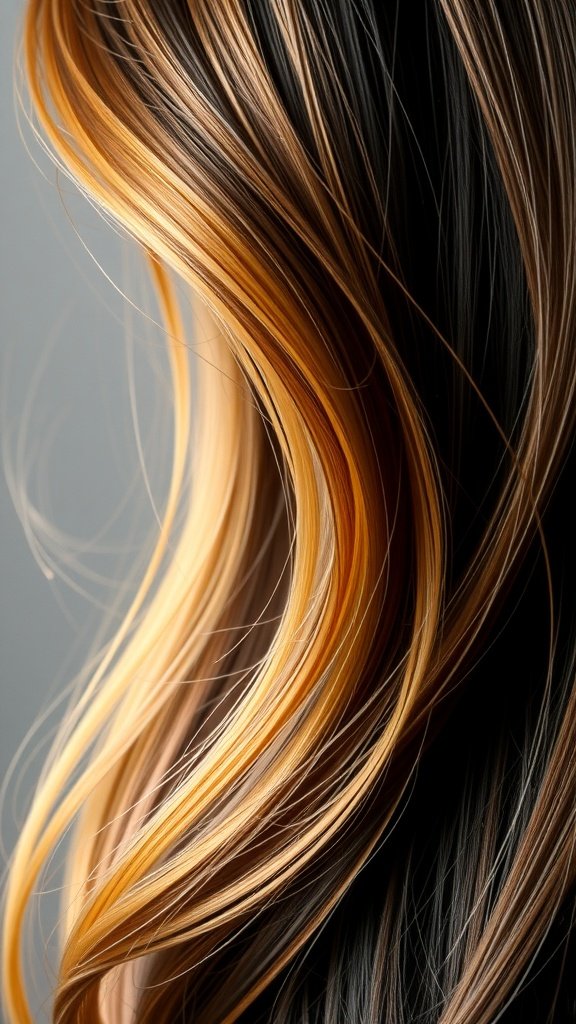 Glossy dark brown hair with butterscotch blonde highlights