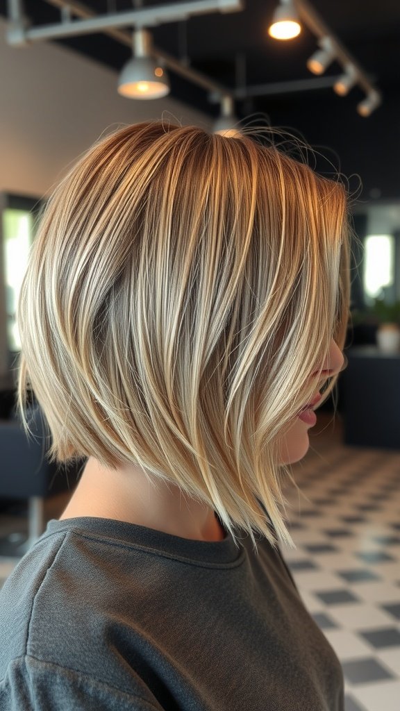 A graduated bob hairstyle with soft layers, showcasing volume and movement.