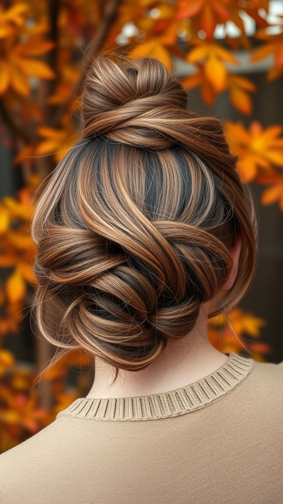 A stylish half updo with flowing curtain bangs, set against a backdrop of autumn leaves.