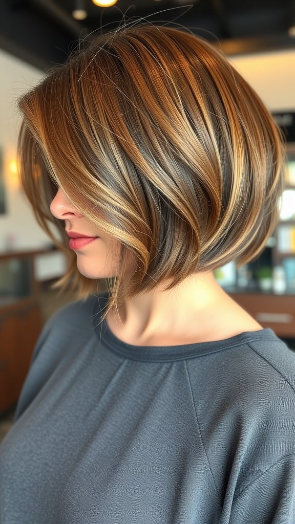A woman with a jaw-length box bob hairstyle featuring soft brown tones, looking stylish and elegant.