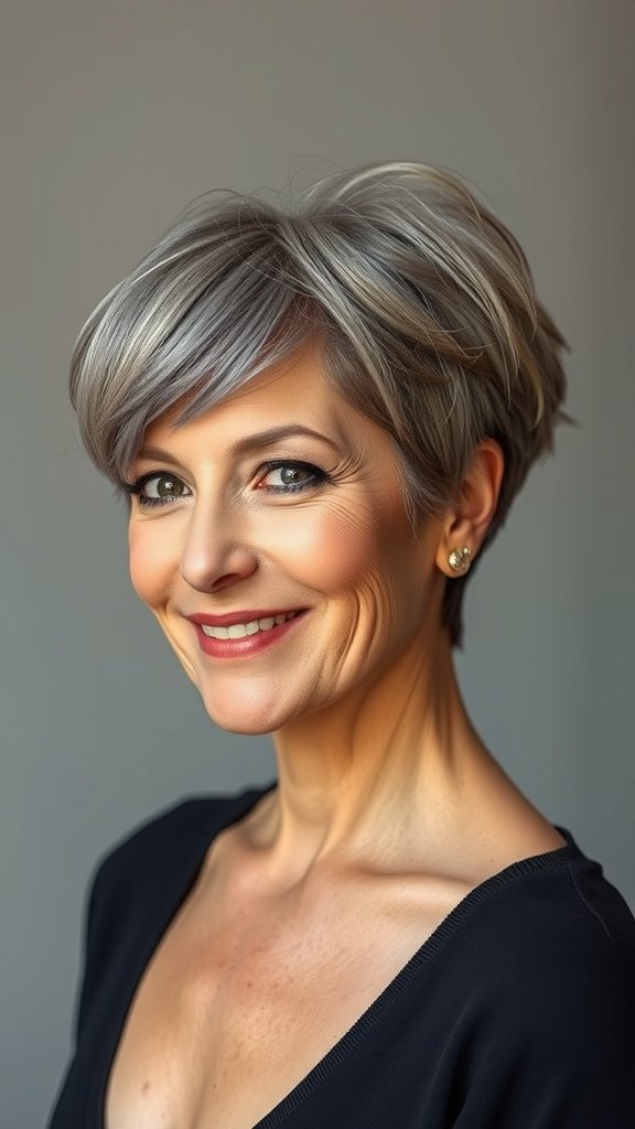 A woman with a layered pixie hairstyle featuring a nape undercut, smiling confidently.