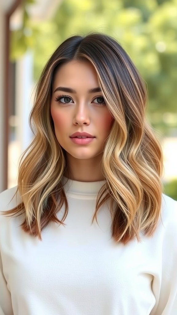 A woman with a lob hairstyle featuring subtle highlights, showcasing soft waves and a fresh, youthful look.