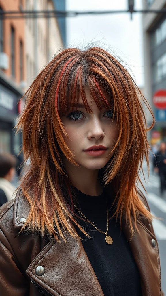 A young woman with long shag hair featuring elongated front pieces and warm tones, wearing a brown leather jacket.