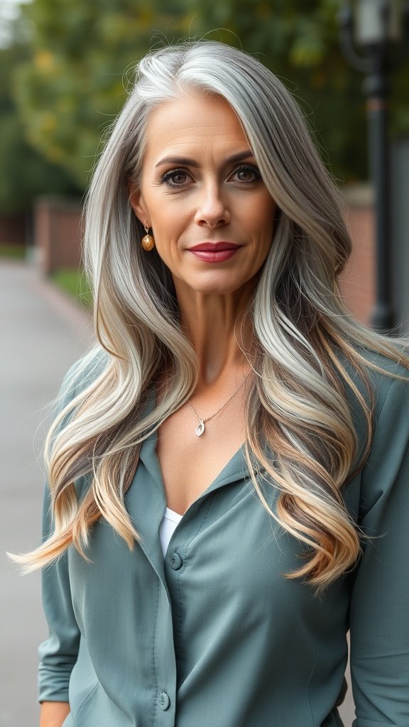 A woman with long waves and subtle gray highlights, wearing a green blouse, smiling confidently.