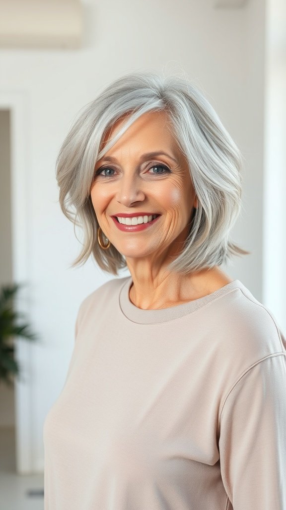 A woman over 70 with medium-length silver hair styled in soft layers, smiling in a light-filled room.