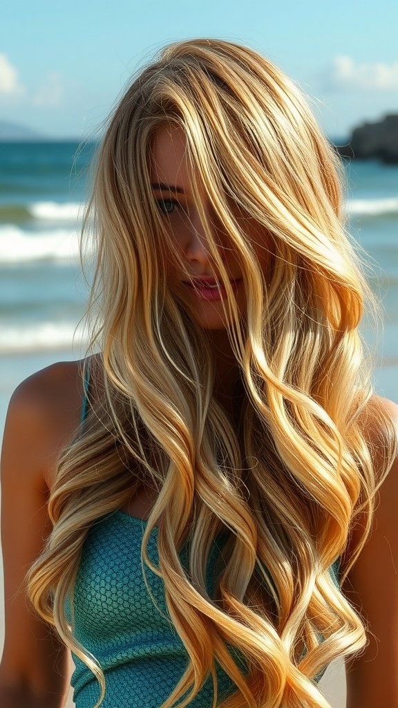 A woman with long, wavy hair featuring gold and blonde highlights, standing by the beach.