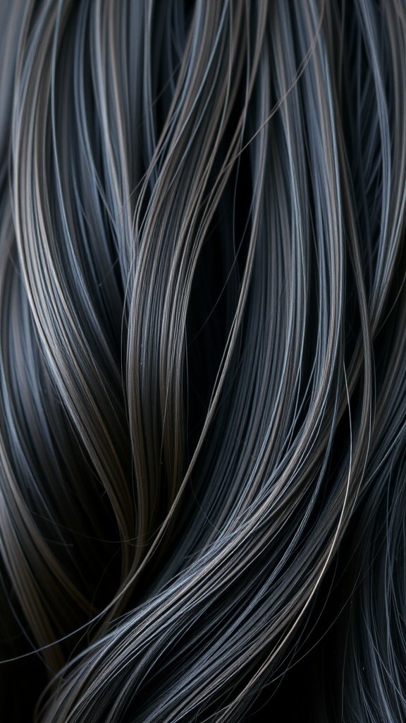 Close-up of dark hair with misty gray melting highlights