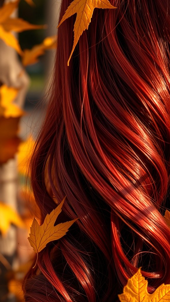 A close-up of flowing red hair with autumn leaves, showcasing a mulled wine hair color.