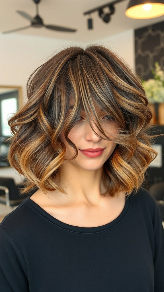 A woman with a one-length bob hairstyle featuring defined curls and highlights, smiling in a salon setting.
