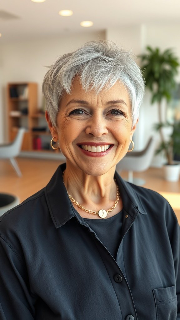 A woman with a piecey pixie cut, showcasing her silver hair and a confident smile.