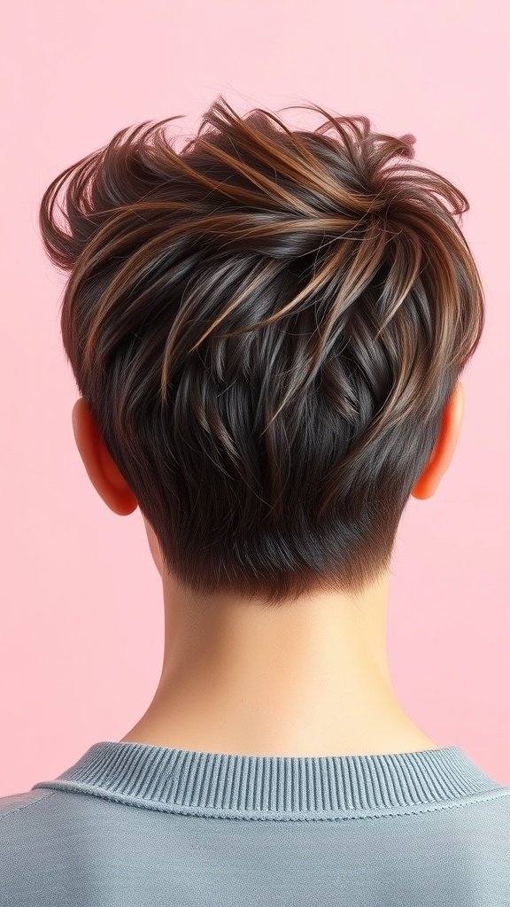 Back view of a pixie haircut with a mini pompadour, showcasing textured layers and volume.
