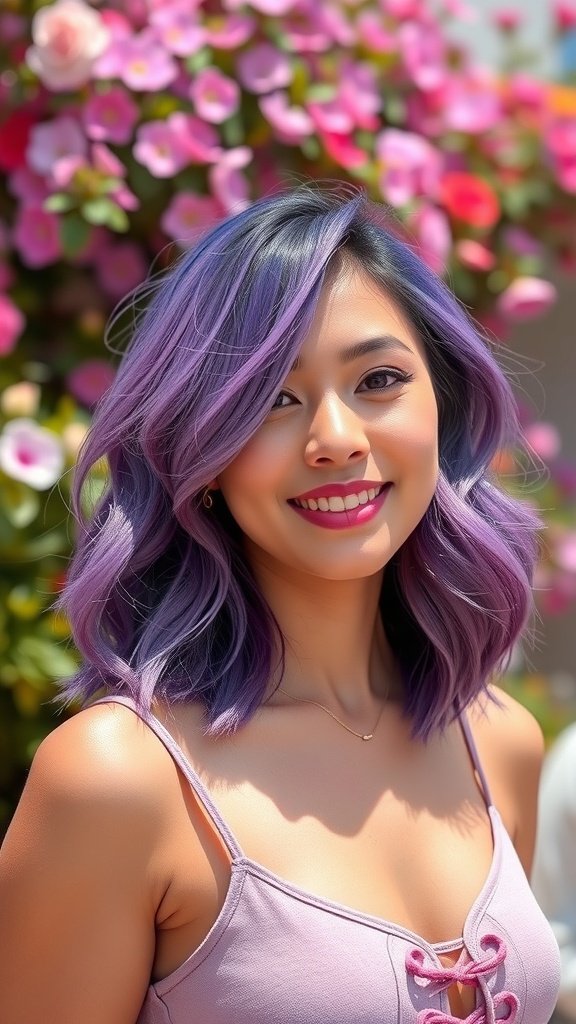 A woman with shoulder-length wavy hair dyed in playful purple hues, smiling in front of a floral background.