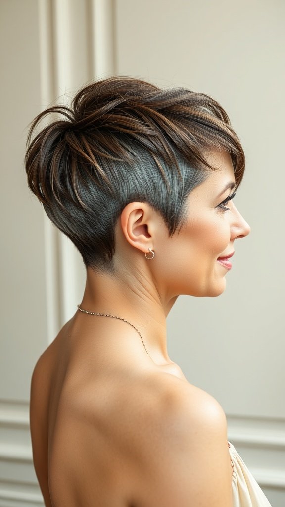 A woman with a polished angled pixie hairstyle featuring a nape undercut, showcasing a modern and elegant look.