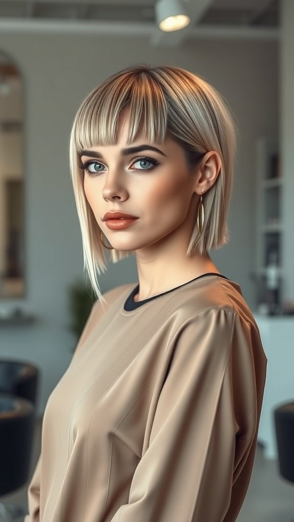 Model with razor cut straight hair featuring jagged ends, showcasing a modern hairstyle.