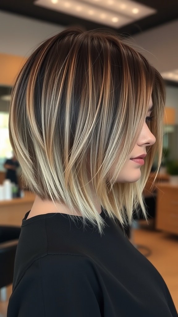 A stylish woman with a razored bob hairstyle featuring curtain bangs and highlights, showcasing a modern and edgy look.
