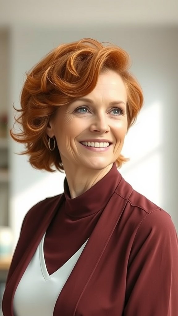 A woman with rosewood red soft curls styled with a side sweep, smiling in a cozy indoor setting.