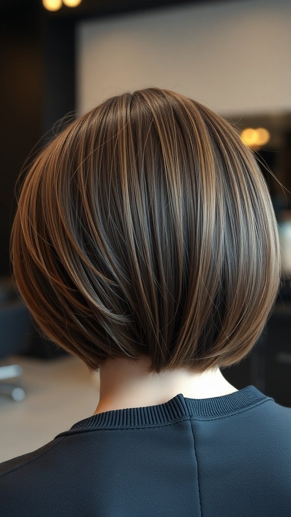A rounded bob hairstyle with a stacked nape, showcasing a smooth and elegant silhouette.