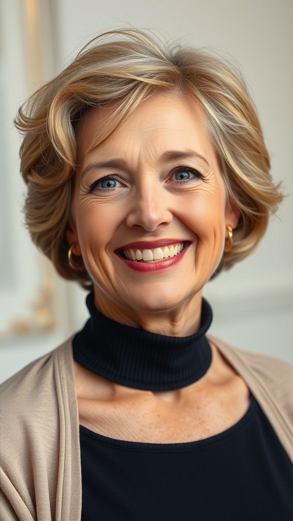 A woman over 60 with a rounded short bob hairstyle featuring inward curls, smiling confidently.