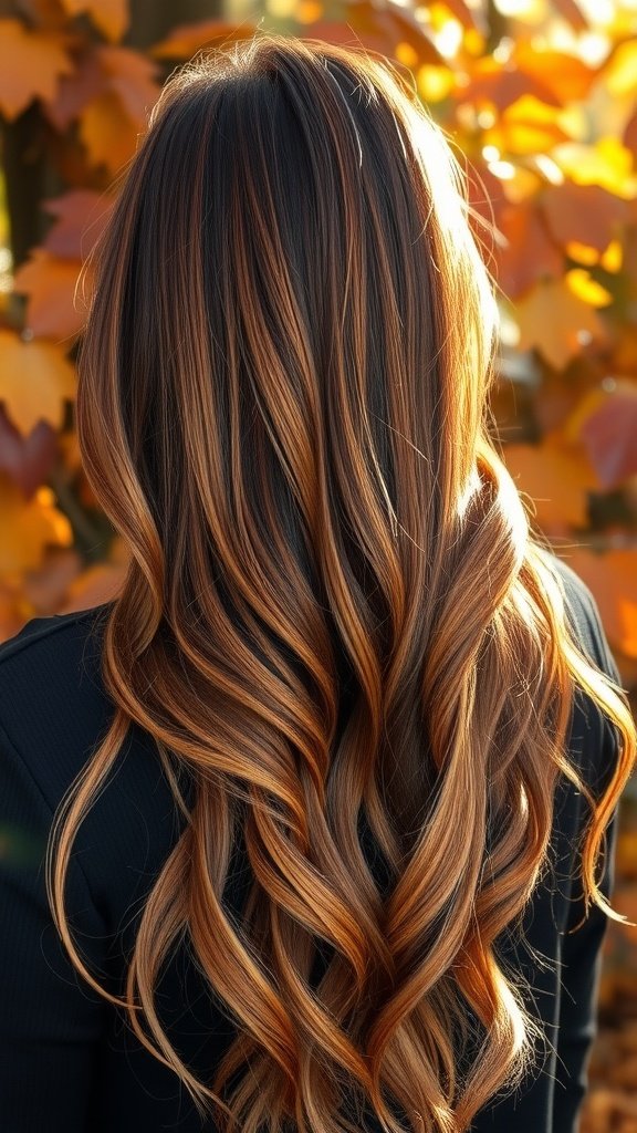 A woman with long, wavy hair showcasing a rusted copper balayage hairstyle against a backdrop of autumn leaves.