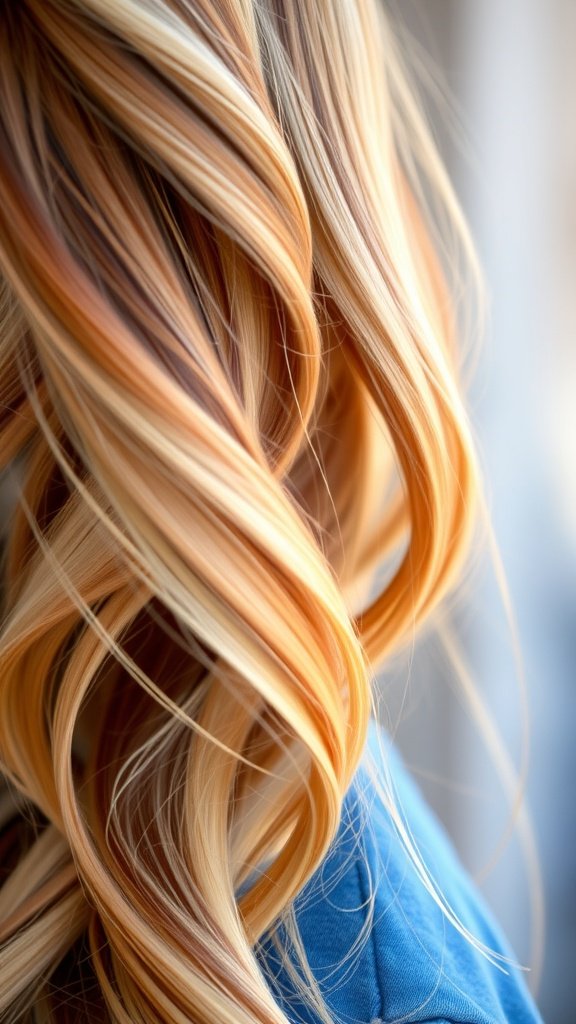 Shiny blonde hair with reddish-brown lowlights styled in soft waves