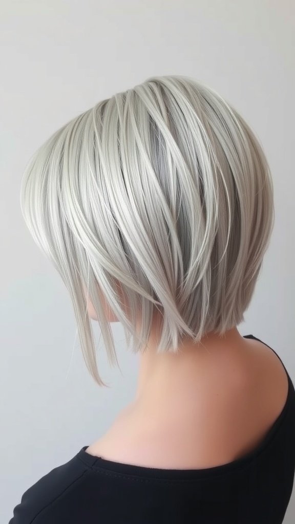 A stylish silver bob hairstyle with a stacked back, showcasing layers and movement.