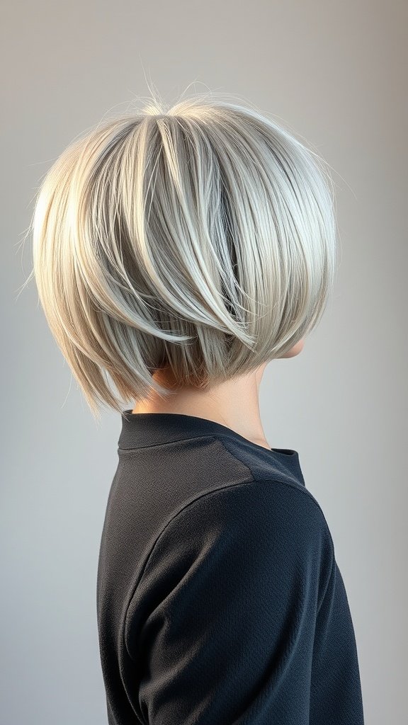 A stylish silver bob hairstyle with a stacked back, showcasing a modern and elegant look.