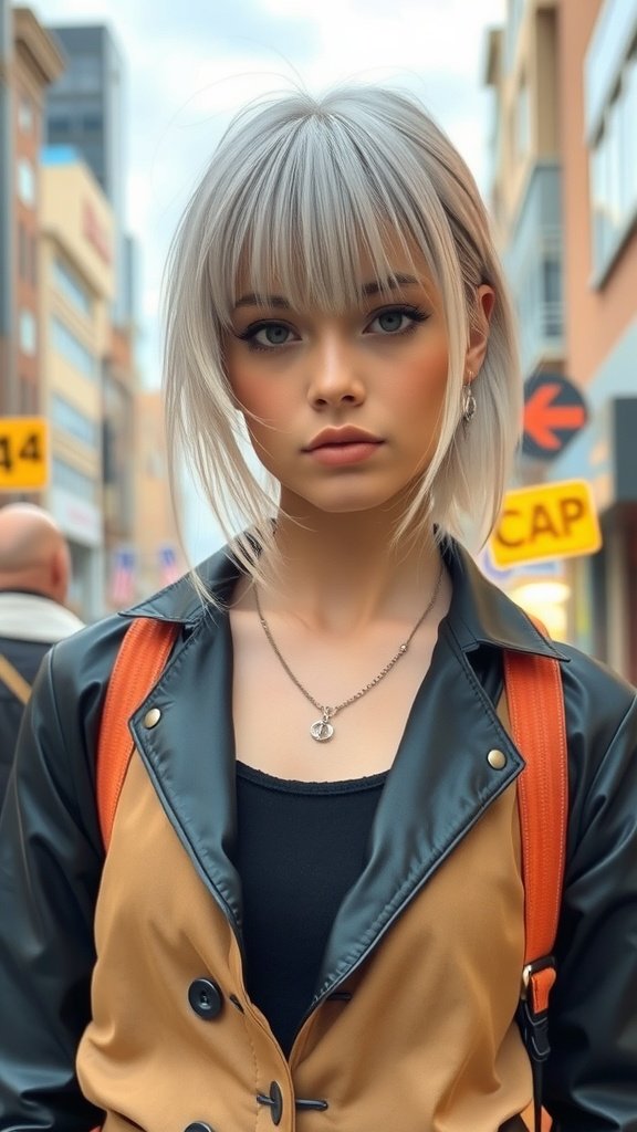 A young woman with silver curtain bangs, wearing a stylish outfit, standing in an urban setting.