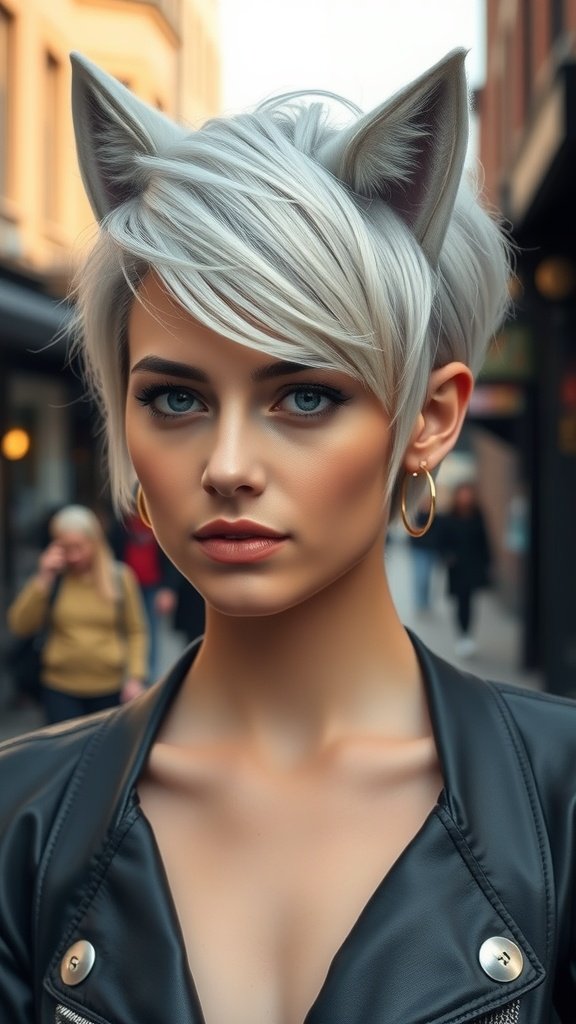 A stylish woman with a silver long pixie haircut, wearing a black leather jacket and large earrings, set against a city backdrop.