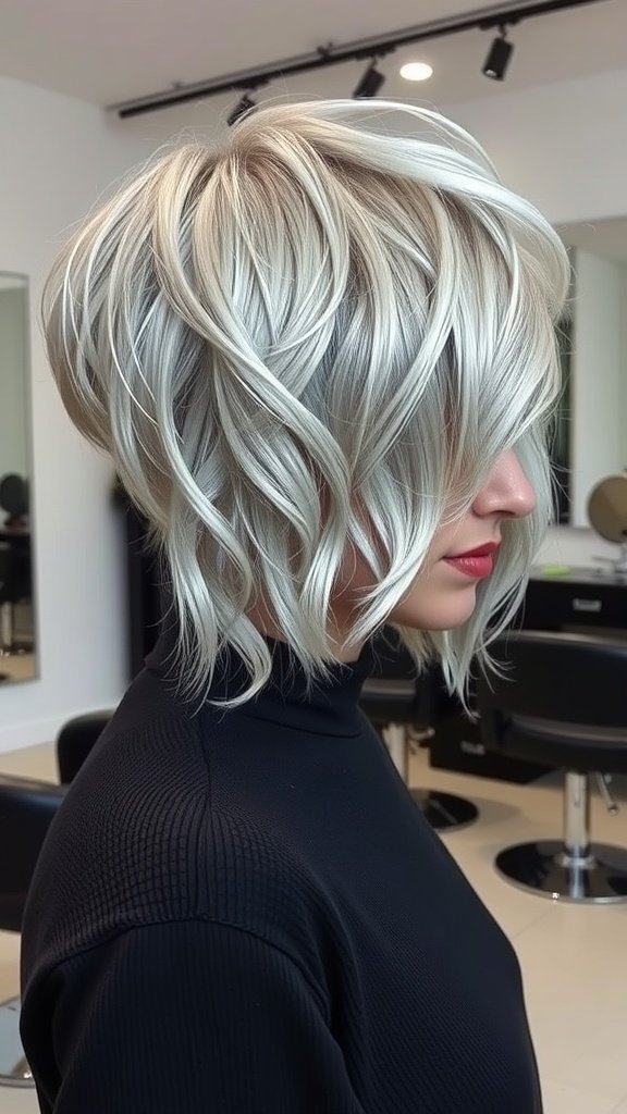 A stylish silver fox long pixie haircut with soft layers and a modern look.