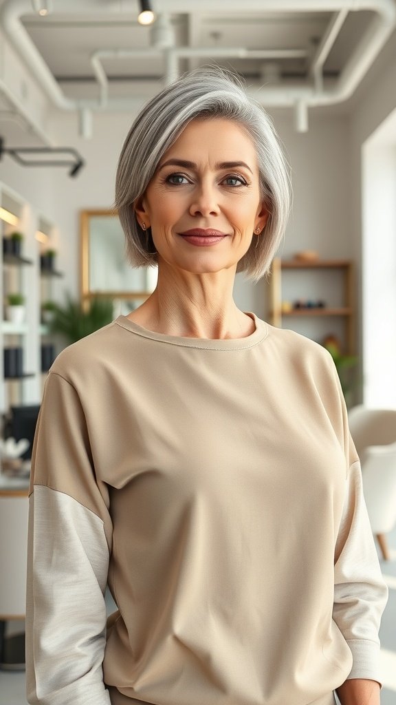 A woman with a sleek angled cut hairstyle, showcasing fine hair in a modern setting.