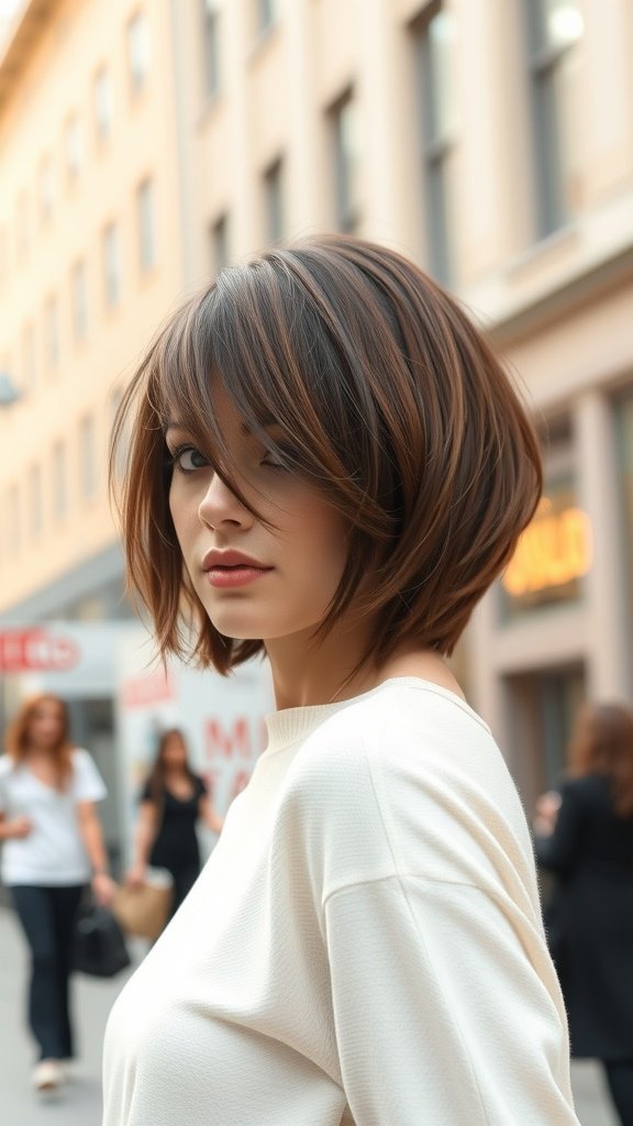 A woman with a sleek bob hairstyle and wispy side bangs, looking stylish in an urban setting.