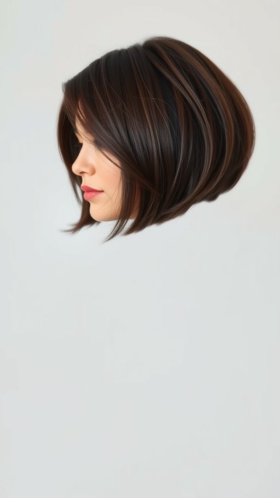 A sleek chocolate brown bubble bob hairstyle with fine layers.