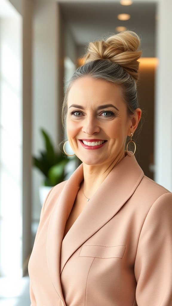 A woman with a sleek high bun hairstyle, wearing a light pink blazer and smiling confidently.