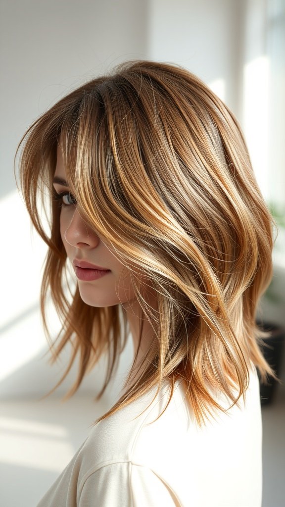 Soft brown shag haircut with curtain bangs, showcasing layers and texture.