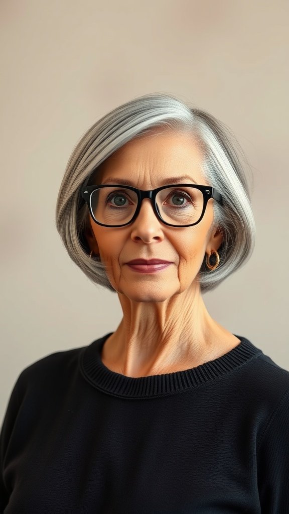 A woman over 70 with a softly tapered bob hairstyle and glasses, showcasing a modern and stylish look.