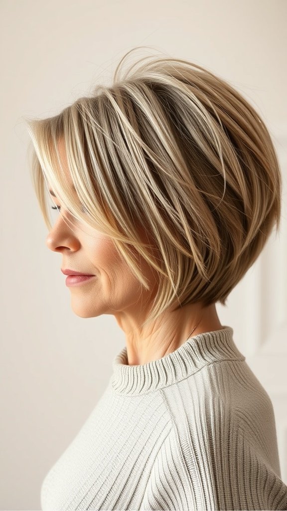 A woman with a stylish stacked bob hairstyle, featuring an undercut, showcasing volume and modern flair.