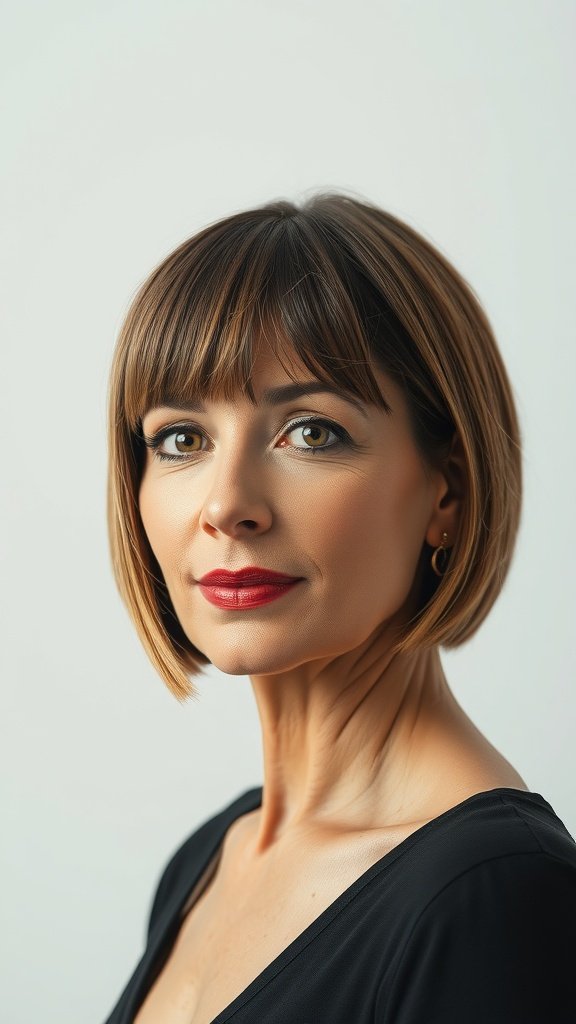 A woman with a straight cut hairstyle and parted bangs, showcasing a polished look.
