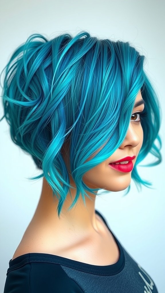 A woman with a teal to turquoise ombre pixie hairstyle, featuring soft waves and a bright red lip.