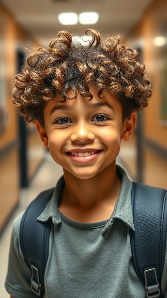 A young boy with textured curly hair, smiling in a school hallway.