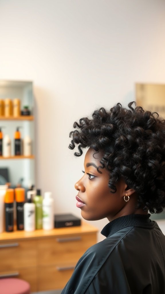 A woman with a textured perm on a short afro, showcasing defined curls and a confident look.