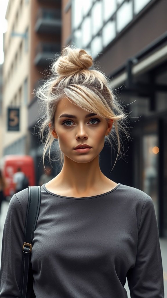 A model with a tousled blonde top knot and shadowed roots, showcasing a trendy hairstyle in an urban setting.