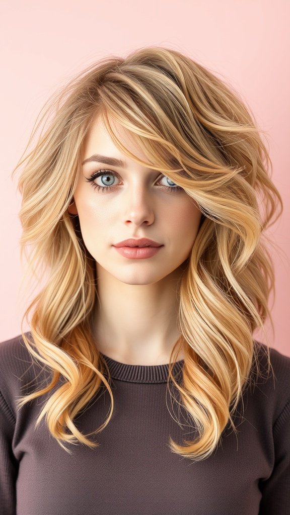 A woman with a honey blonde bob featuring tousled curls, set against a pink background.