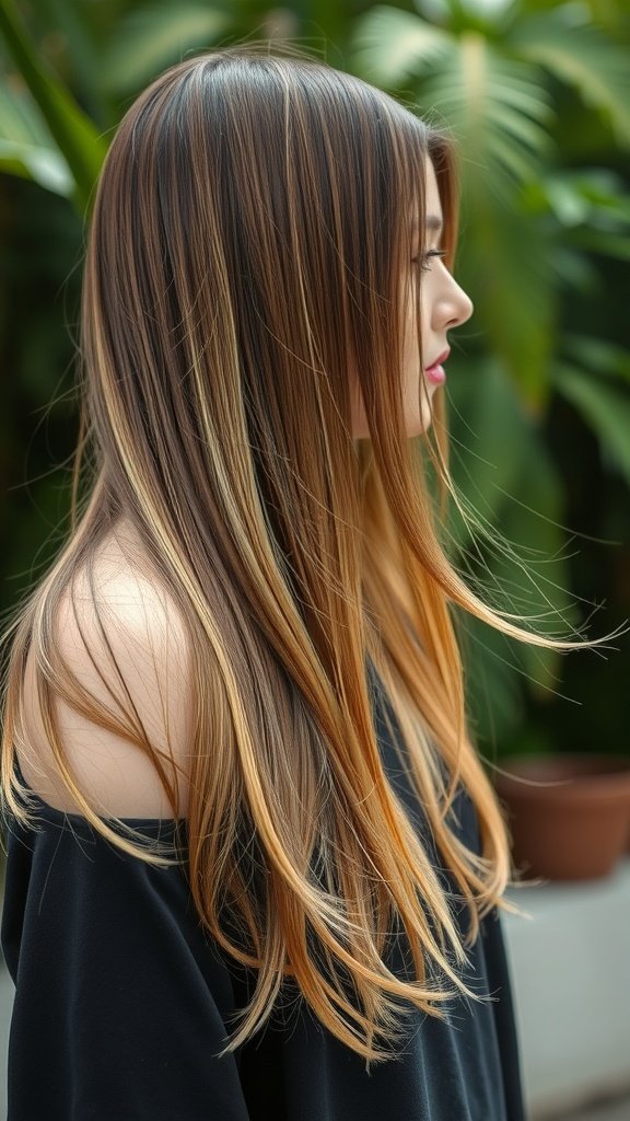 A woman with long, layered hair styled in a U-shape with light feathering, showcasing vibrant highlights.
