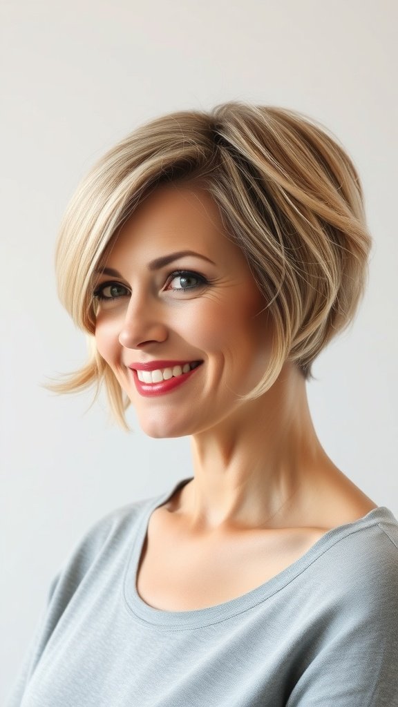 A stylish woman with an undercut bob and side fringe, smiling confidently.