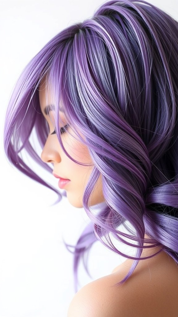 A woman with vibrant purple hair featuring lilac highlights styled in soft waves.